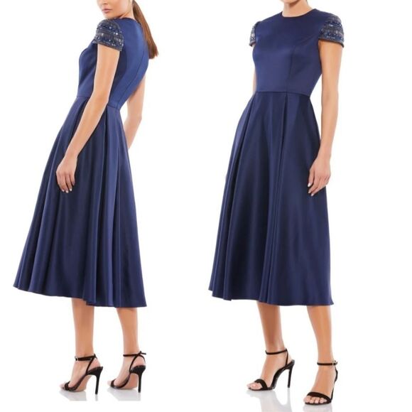$498 NEW 14 MAC DUGGAL NAVY BLUE MIDI BEADED CAP SLEEVE TEA LENGTH DRESS NWT